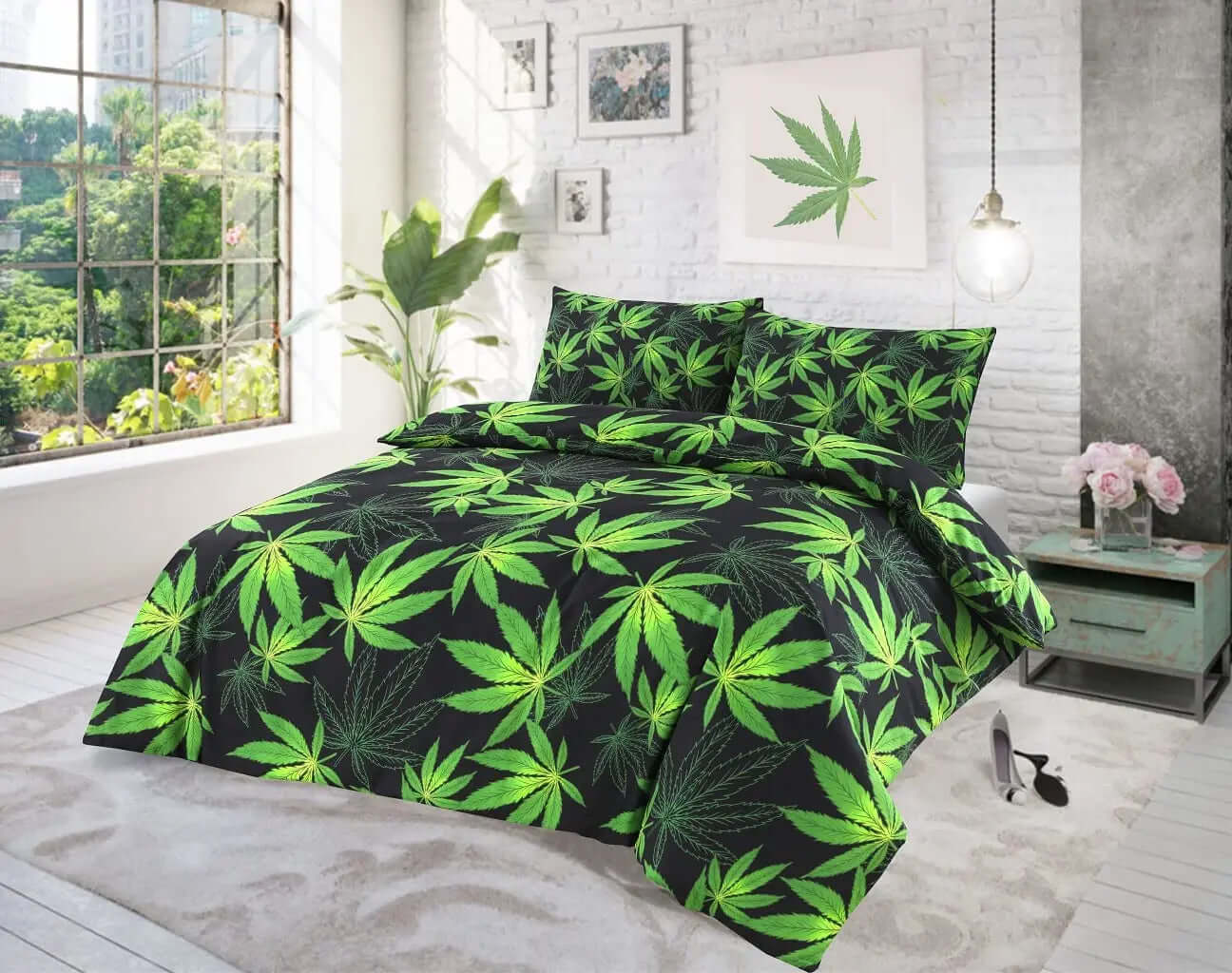 Dazzle Collection Luxurious Modern Style Cannabis Leaf Pattern Duvet Cover with Matching Pillowcase Cover Reversible Bedding Sets (Black, Double) Dazzle Collection