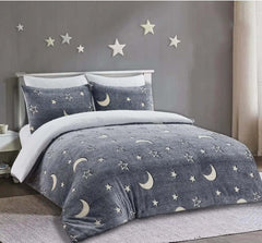 Moons & Stars Glow In The Dark Teddy Fleece Duvet Cover with Matching Pillowcase 100% Polyester Easy Care Soft Bedding Set Dazzle Collection
