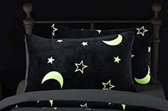 Moons & Stars Glow In The Dark Teddy Fleece Duvet Cover with Matching Pillowcase 100% Polyester Easy Care Soft Bedding Set Dazzle Collection