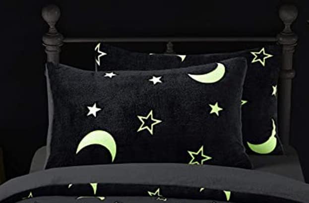 Moons & Stars Glow In The Dark Teddy Fleece Duvet Cover with Matching Pillowcase 100% Polyester Easy Care Soft Bedding Set (Charcoal, Single) ‎Dazzle Collection