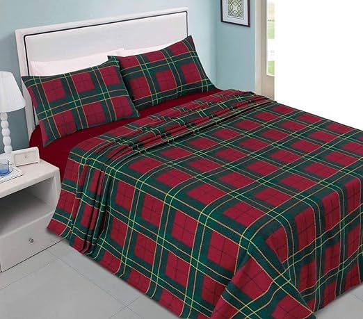 Dazzle Collection Tartan Check Flannelette Thermal 100% Brushed Cotton Sheets Sets (Flat Sheet, Fitted Sheet & Pillowcase Cover) Warm Cozy Bedding Set (Red, Single Sheets Set) ‎Dazzle Collection