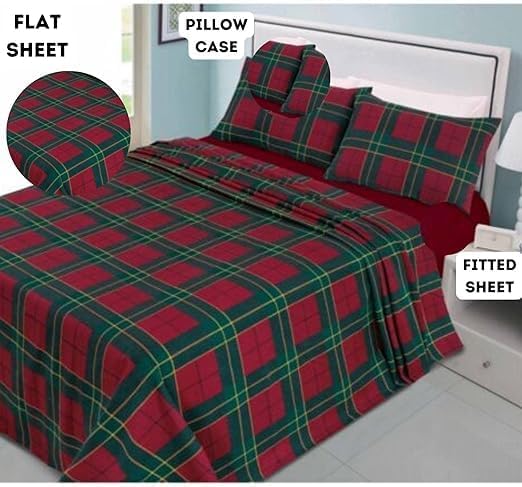Dazzle Collection Tartan Check Flannelette Thermal 100% Brushed Cotton Sheets Sets (Flat Sheet, Fitted Sheet & Pillowcase Cover) Warm Cozy Bedding Set (Red, Single Sheets Set) ‎Dazzle Collection