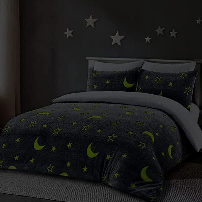 Moons & Stars Glow In The Dark Teddy Fleece Duvet Cover with Matching Pillowcase 100% Polyester Easy Care Soft Bedding Set (Charcoal, Single) ‎Dazzle Collection