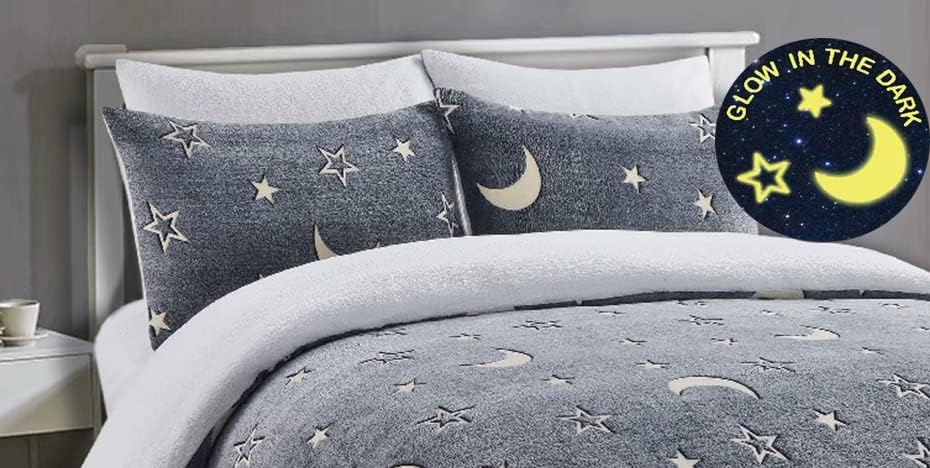 Moons & Stars Glow In The Dark Teddy Fleece Duvet Cover with Matching Pillowcase 100% Polyester Easy Care Soft Bedding Set (Charcoal, Single) ‎Dazzle Collection