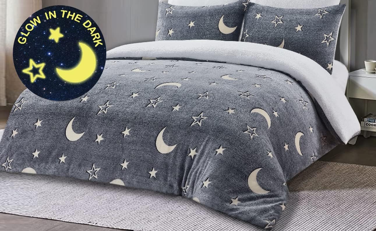 Moons & Stars Glow In The Dark Teddy Fleece Duvet Cover with Matching Pillowcase 100% Polyester Easy Care Soft Bedding Set (Charcoal, Single) ‎Dazzle Collection