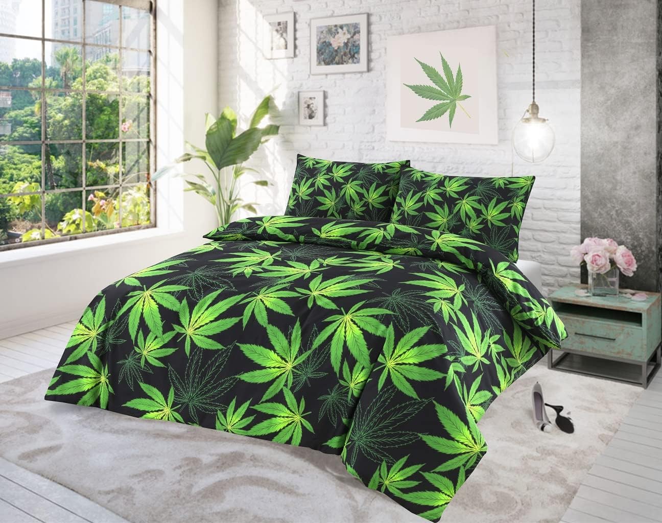 Dazzle Collection Luxurious Modern Style Cannabis Leaf Pattern Duvet Cover with Matching Pillowcase Cover Reversible Bedding Sets (Black, Double) ‎Dazzle Collection