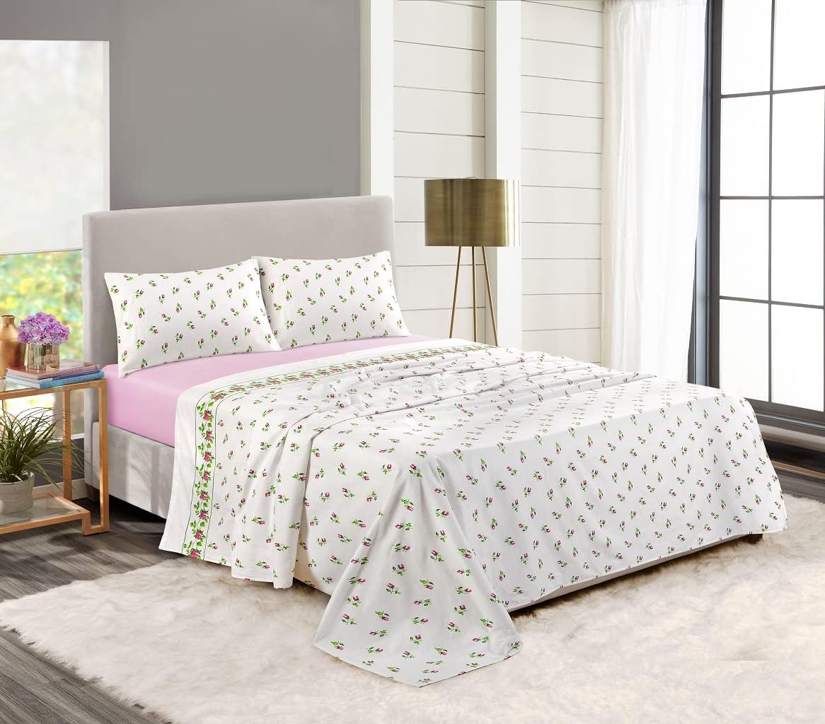 Dazzle Collection Luxury Thermal Flannelette Rose Bed Sheet Sets Include Fitted Sheet + Flat Sheet and Matching Pillowcase cover 100% Brushed Cotton Bedding Set (Pink, King) ‎Dazzle Collection