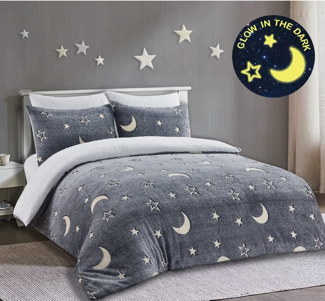 Moons & Stars Glow In The Dark Teddy Fleece Duvet Cover with Matching Pillowcase 100% Polyester Easy Care Soft Bedding Set (Charcoal, Single) ‎Dazzle Collection
