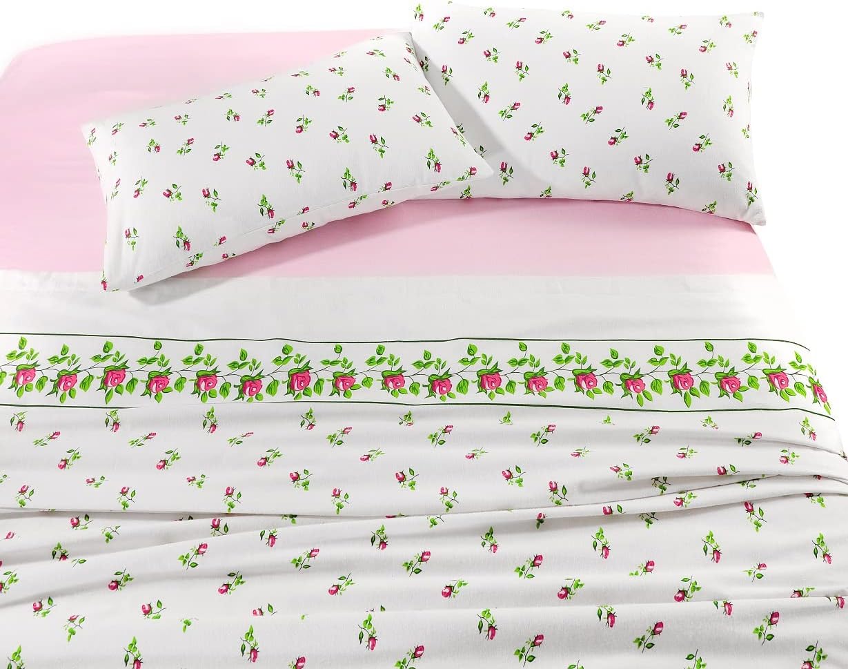 Dazzle Collection Luxury Thermal Flannelette Rose Bed Sheet Sets Include Fitted Sheet + Flat Sheet and Matching Pillowcase cover 100% Brushed Cotton Bedding Set (Pink, King) ‎Dazzle Collection