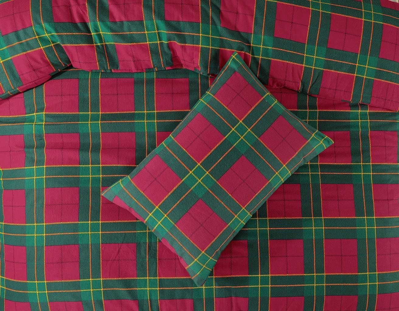 Dazzle Collection Tartan Check Flannelette Thermal 100% Brushed Cotton Sheets Sets (Flat Sheet, Fitted Sheet & Pillowcase Cover) Warm Cozy Bedding Set (Red, Single Sheets Set) ‎Dazzle Collection