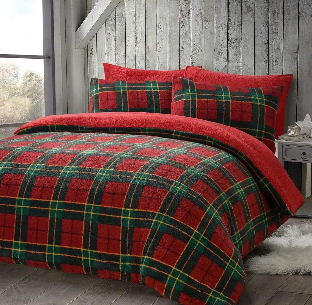 Dazzle Collection Luxury Teddy Fleece Tartan Check Duvet Cover with Matching Pillowcase cover Set Soft | Cozy | Warm Checked Teddy Bear Bedding Set (Red, Single) ‎Dazzle Collection