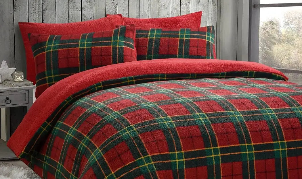 Dazzle Collection Luxury Teddy Fleece Tartan Check Duvet Cover with Matching Pillowcase cover Set Soft | Cozy | Warm Checked Teddy Bear Bedding Set (Red, Single) ‎Dazzle Collection