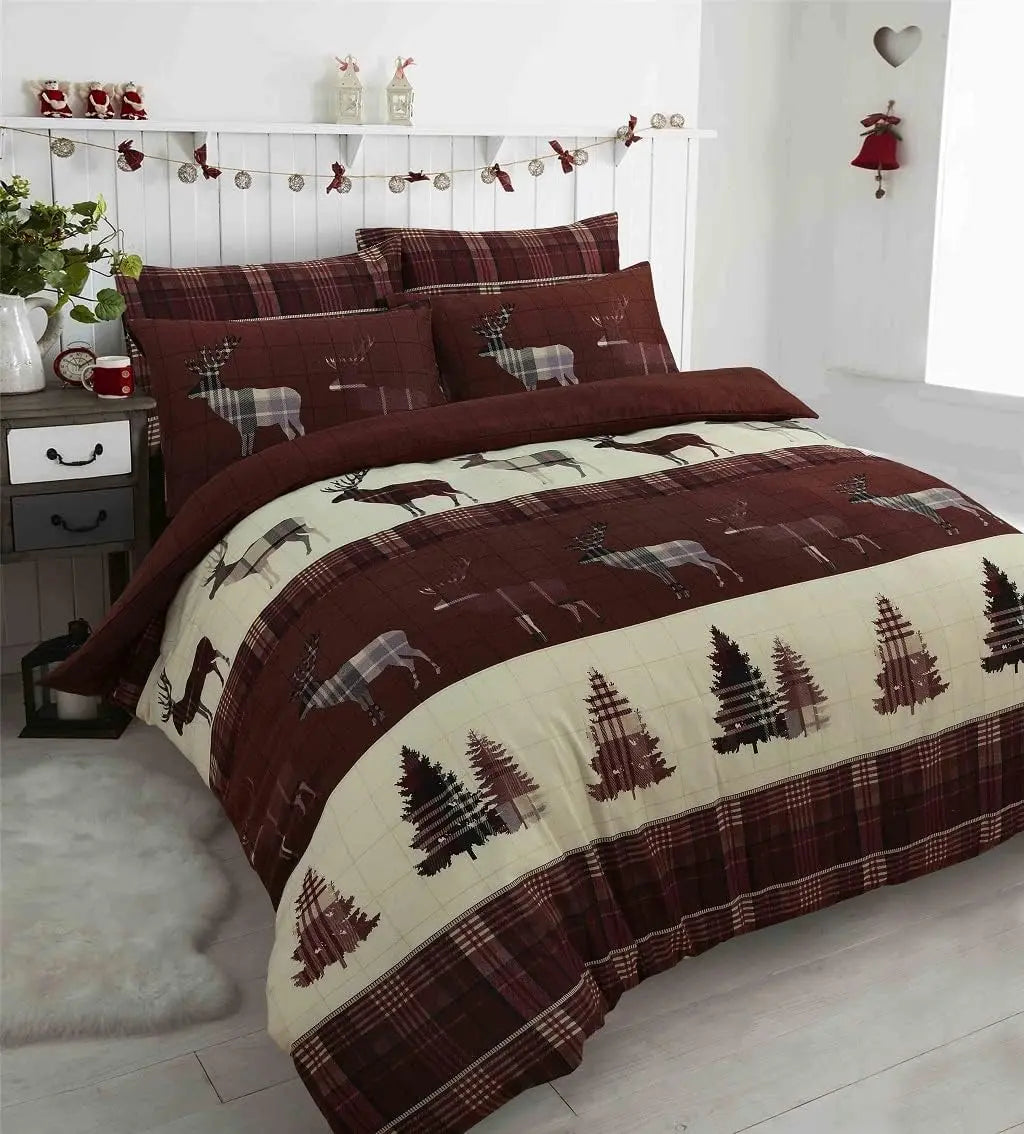 Dazzle Collection Stag Flannelette Duvet Cover 100% Natural Brushed Cotton Thermal Xmas Duvet Cover with Matching Pillowcase Cover Reversible Bedding Sets ‎Dazzle Collection