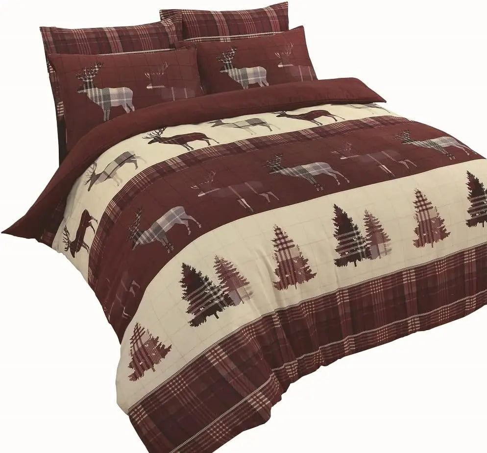 Dazzle Collection Stag Flannelette Duvet Cover 100% Natural Brushed Cotton Thermal Xmas Duvet Cover with Matching Pillowcase Cover Reversible Bedding Sets ‎Dazzle Collection