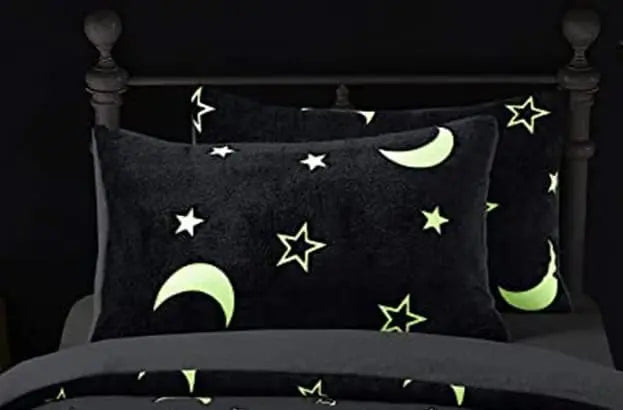 Moons & Stars Glow In The Dark Teddy Fleece Duvet Cover with Matching Pillowcase 100% Polyester Easy Care Soft Bedding Set ‎Dazzle Collection