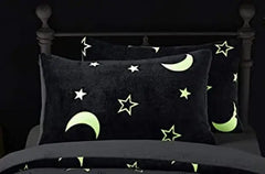 Moons & Stars Glow In The Dark Teddy Fleece Duvet Cover with Matching Pillowcase 100% Polyester Easy Care Soft Bedding Set ‎Dazzle Collection