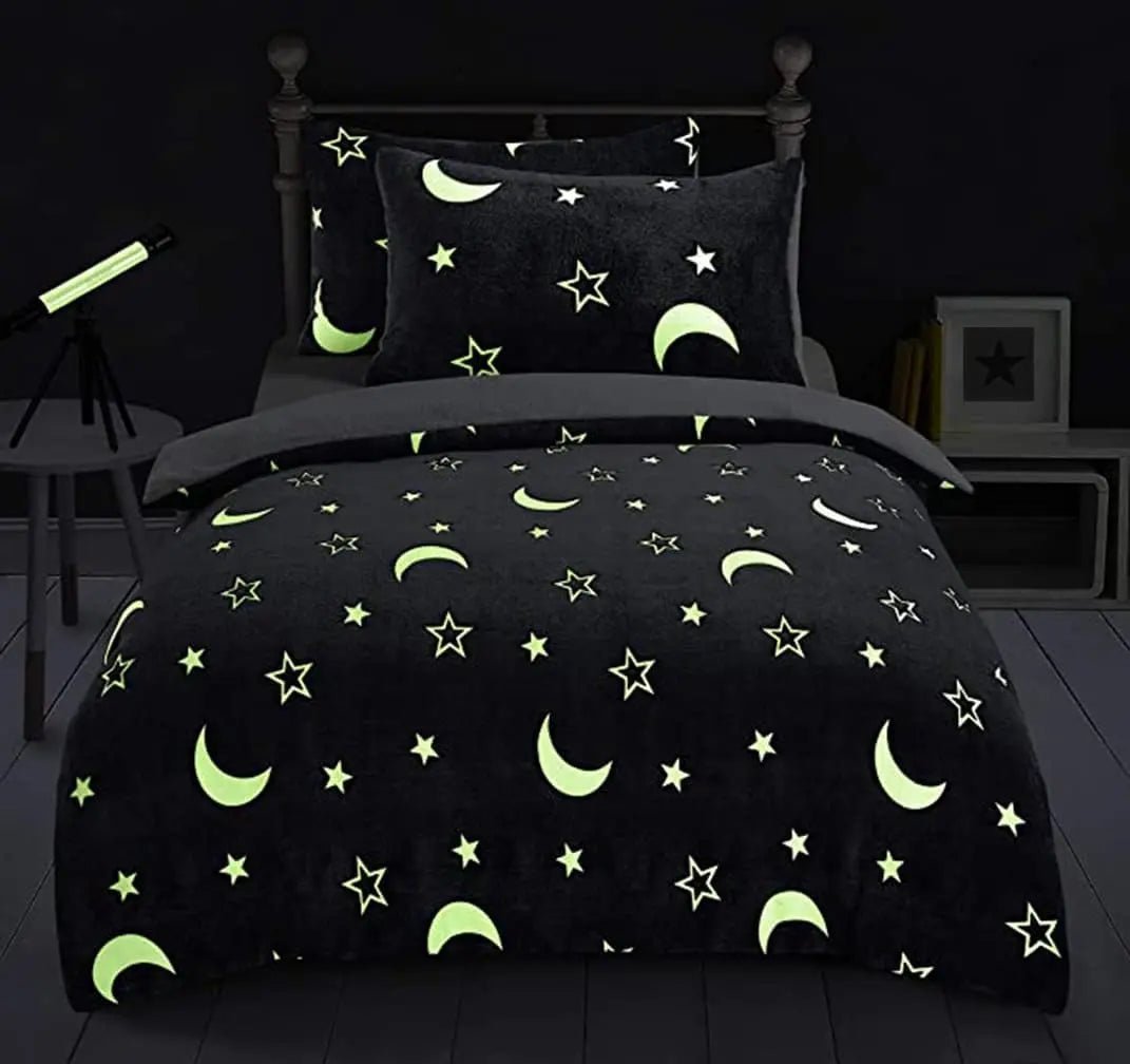 Moons & Stars Glow In The Dark Teddy Fleece Duvet Cover with Matching Pillowcase 100% Polyester Easy Care Soft Bedding Set ‎Dazzle Collection